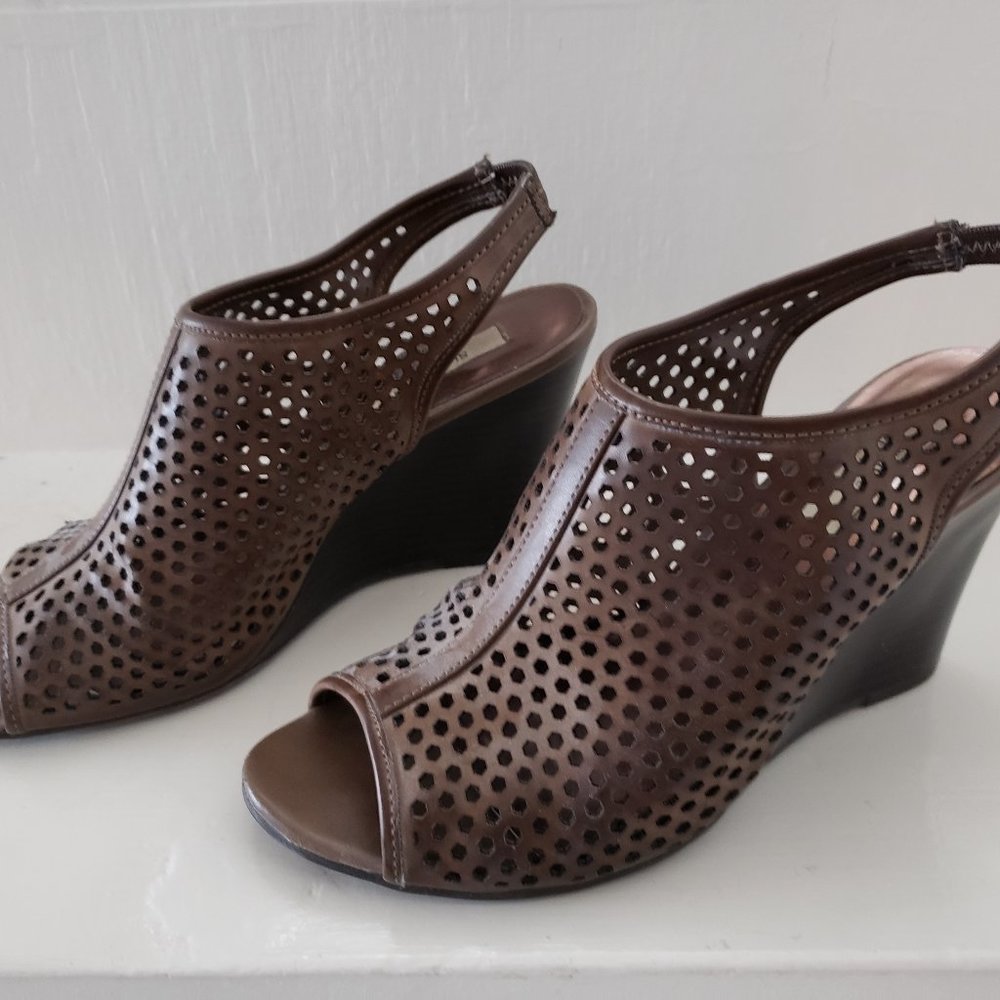 Green Brown Perforated Wedge Heel Booties